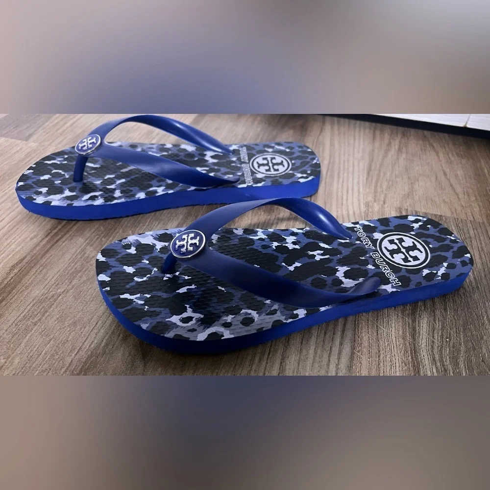 Women's Tory Burch Eva Sole Flip Flops in Blue and Black Leopard Print